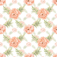 Seamless watercolor Pattern with pink Roses and green leaves. Hand drawn print on isolated background. Floral ornament in peach orange colors for textile design or wrapping paper. Romantic backdrop