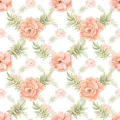  Seamless watercolor Pattern with pink Roses and green leaves. Hand drawn print on isolated background. Floral ornament in peach orange colors for textile design or wrapping paper. Romantic backdrop © Alisles