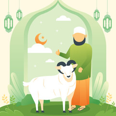 Eid adha mubarak greeting card background. Happy eid adha. Vector illustration for the celebration of eid mubarak with flat design vector. latern, moon star, with sheep and people with beard green 