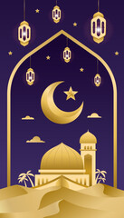 Islamic background with mosque and latern and white background in the big mountain. ramadan kareem background with moon and star Background with Decorative Ornament Pattern gold and sand vector