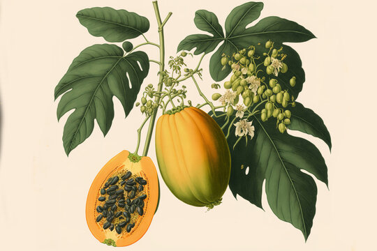 The plant Carica papaya, one of the 22 recognized species in the genus Carica of the family Caricaceae, is often known as the papaya, papaw, or pawpaw. Generative AI