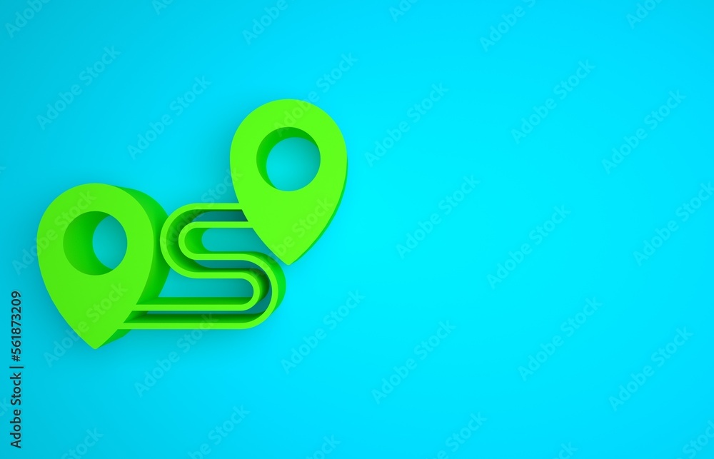 Poster green route location icon isolated on blue background. map pointer sign. concept of path or road. gp