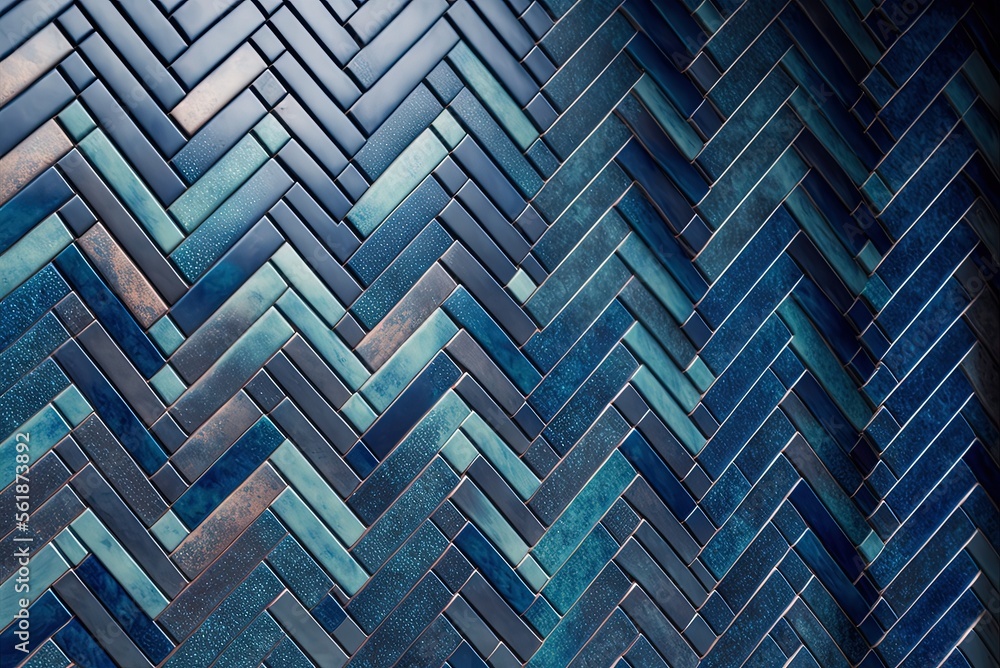 Poster blue patina block backdrop with mosaic tiles that have been polished and given a glaze; herringbone 
