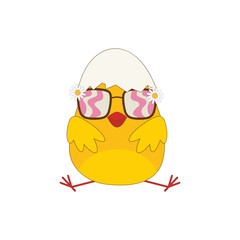 Easter cartoon chick in sunglasses. Chick in groovy hippie style.Design for t-shirts,posters,cards,print. Trendy retro 60s, 70s