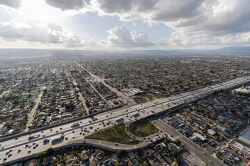 Aerial view of Interstate 5 freeway at Osbourne Street in the Arleta neighborhood of the San...