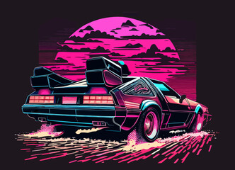 Naklejka na ściany i meble Retro futuristic car against big pink sun. Cyberpunk concept. Synthwave poster. Retro future wallpaper. Vector illustration. EPS 10.
