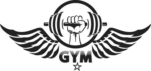 Dumbbell in hand silhouette and wings. Symbol for gym and sports