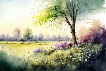Gordijnen Watercolor spring landscape painting. Trees, flowers and meadow. Ai generated © Artem81