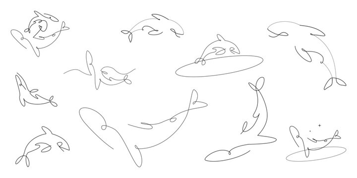 Line art, tattoo illustrations of orcas (also known as a killer whales), whales