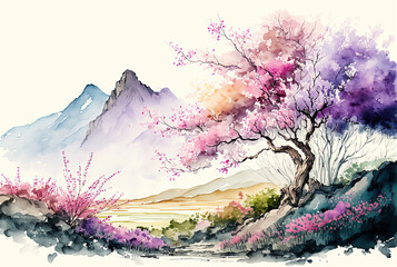 Fototapeta na wymiar Watercolor spring landscape painting. Flowering trees, bloom, meadow and mountains. Asian landscape. Ai generated