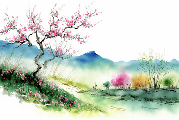 Watercolor spring landscape painting. Flowering trees, bloom, meadow and mountains. Asian landscape. Ai generated