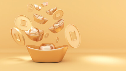 Traditional Chinese gold bars and gold coins, Chinese New Year celebrations on a golden background,3d rendering