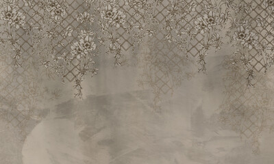 Terrace with lianas and flowers on a textured background, art drawing in beige and gray tones, photo wallpaper