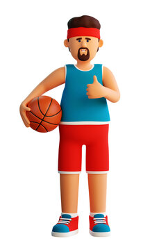 3d Basketball player stands with the ball and shows thumbs up. Cartoon basketball player. 3d illustration