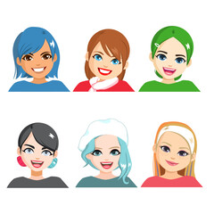 Vector illustration of six avatar woman representing Social media icons. Female people drawing logo version for famous apps