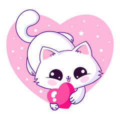 Cute kawaii cat holding a heart. Vector illustration