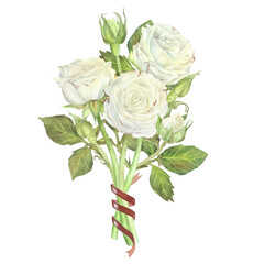 Bouquet of white roses with red ribbon. Watercolor illustration. Isolated on a white background.For design of sticker, greeting card, cosmetics, wedding invitation, packaging of cosmetics, perfume