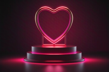 Neon, cyber lights heart shaped pedestal frame and product podium. Futuristic dark background. Generative AI