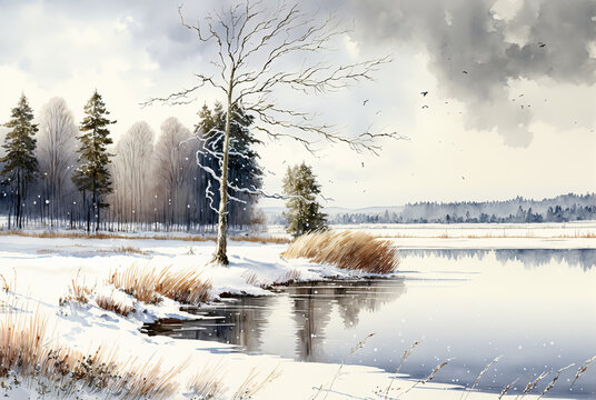 Watercolor winter landscape painting. Ai generated