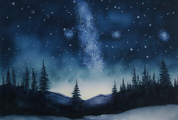 Fototapeta na wymiar Watercolor winter landscape painting. Forest and mountains on a starry night. Ai generated