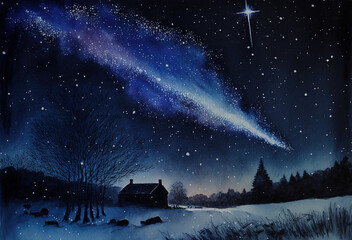 Watercolor winter landscape painting. Forest on a starry night. Ai generated