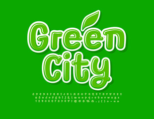 Vector eco Poster Green City. Playful style Font. Modern Alphabet Letters and Numbers