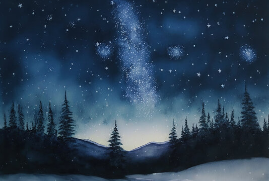 Watercolor winter landscape painting. Forest and mountains on a starry night. Ai generated