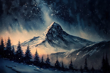 Fototapeta na wymiar Watercolor winter landscape painting. Forest and mountains on a starry night. Ai generated