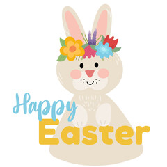 Obraz na płótnie Canvas Spring cute bunny with wreath of flower. Happy easter rabbit.Hand draw vector