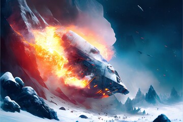 Space ship crash on a snowy mountain with smoke and fire.. Generative AI