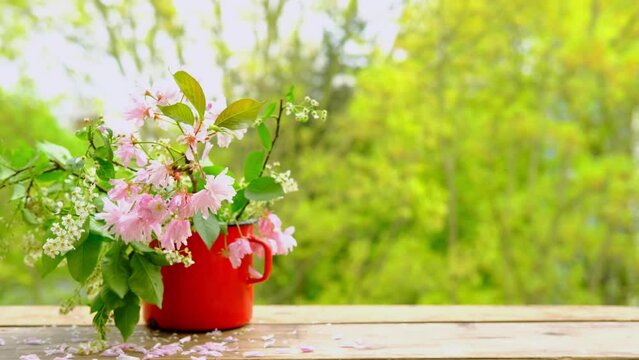sprigs of pink terry cherry, white bird cherry in a red enamel mug on the table, old wooden boards, background of spring green foliage of trees, seasonal flowering concept, basis for the designer
