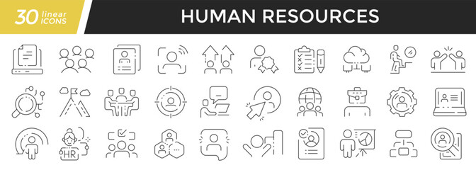 Human resources linear icons set. Collection of 30 icons in black