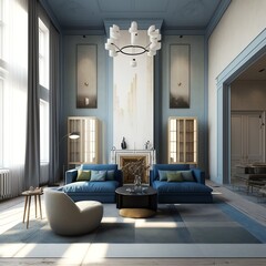 A modern living room, in a minimalist millenium crib, high ceiling and filled with warm blue and khaki colour as the wall blend in with the design of the furniture.	