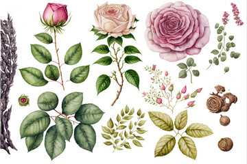 Set watercolor design elements of flowers flowers, leaves, branches, Botanic illustration isolated on white background, ai
