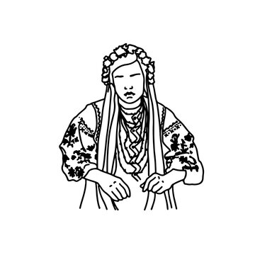 Vector illustration of Ukrainian hutsul woman wearing traditional folk costume. Line art Slavic woman drawing