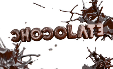 3d illustration of chocolate english word with coffee liquid splash, delicious taste and day