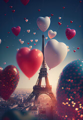 Naklejka premium Saint Valentin, fête des amoureux. Paris, capitale de l’amour. France romantique. Tour Eiffel avec coeurs en ballons. Carte de voeux, cadeau pour couples. Generative AI.