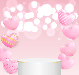 Valentine day theme product display podium. Design with heart on pink background. Vector.