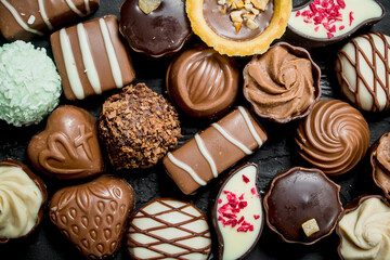 Chocolates candies with different fillings.