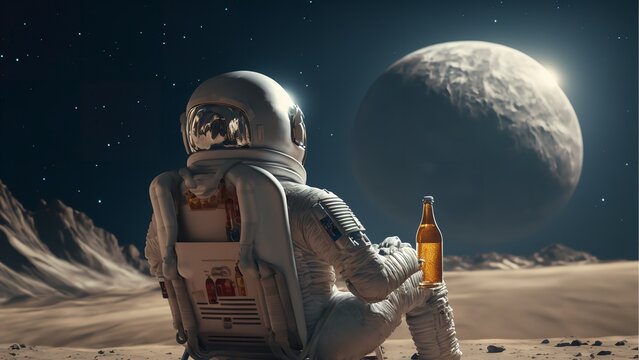 Back view of lunar astronaut having a beer while resting in a beach chair on Moon surface, saluting to Earth.