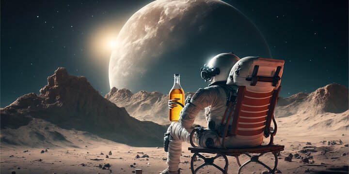 Back view of lunar astronaut having a beer while resting in a beach chair on Moon surface, saluting to Earth.