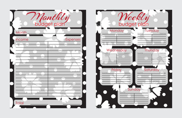 Budget planner page design template with floral pattern. Monthly and weekly budget plan template. Vector illustration