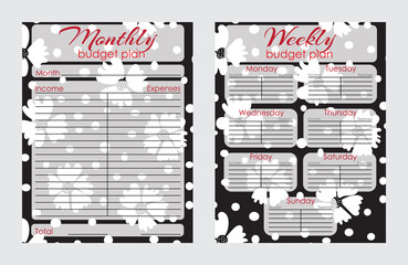 Budget planner page design template with floral pattern. Monthly and weekly budget plan template. Vector illustration