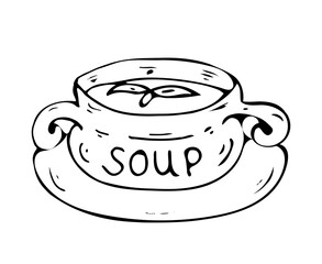 Doodle soup Plate with handles. Any cream soup: Tomato, pumpkin, champignon. Vector line art.