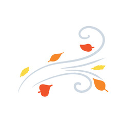 Autumn Wind. Stream of air with red and yellow leaves. Blue wavy line. Breeze and weather icon. Leaf fall. Flat illustration
