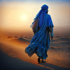 Desert landscape with a berber dressed in blue with pilgrims at dawn. Ai generated art