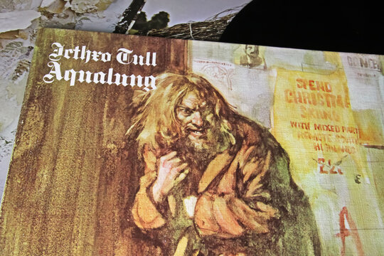 Viersen, Germany - November 9. 2022: Closeup of isolated vinyl record Aqualung album of progressive folk rock band Jethro Tull
