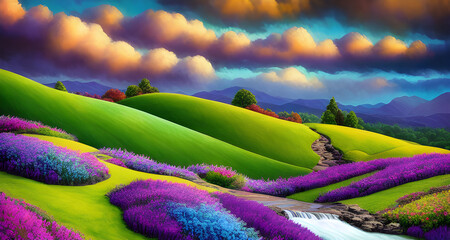 AI Digital Illustration Colourful Fantasy Meadow With Waterfalls
