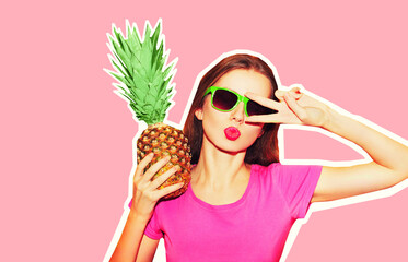 Fashion portrait of young woman in sunglasses with pineapple on pink background, magazine style