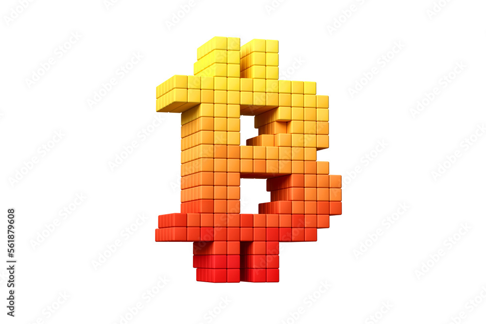 Poster pixel art style bitcoin logo in yellow and orange. high definition 3d rendering modern retro design 